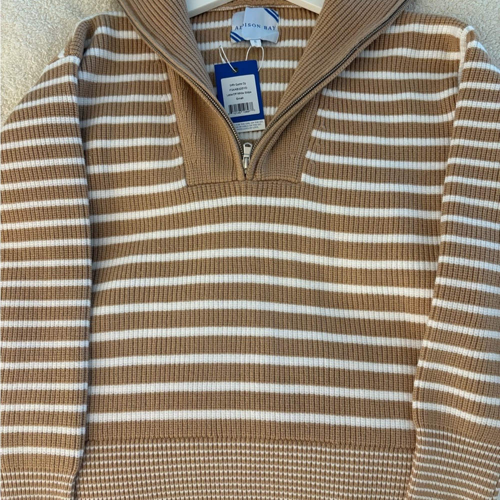 Addison Bay Tan and White Zip-Up Sweater